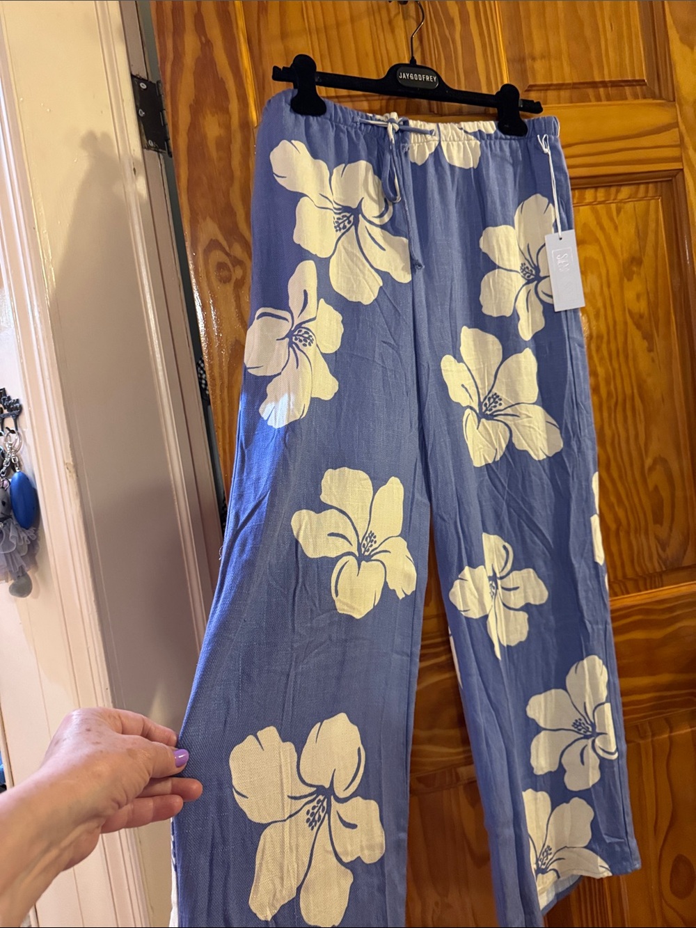 Relaxed Floral Print Wide-Leg Pants - Blue/White